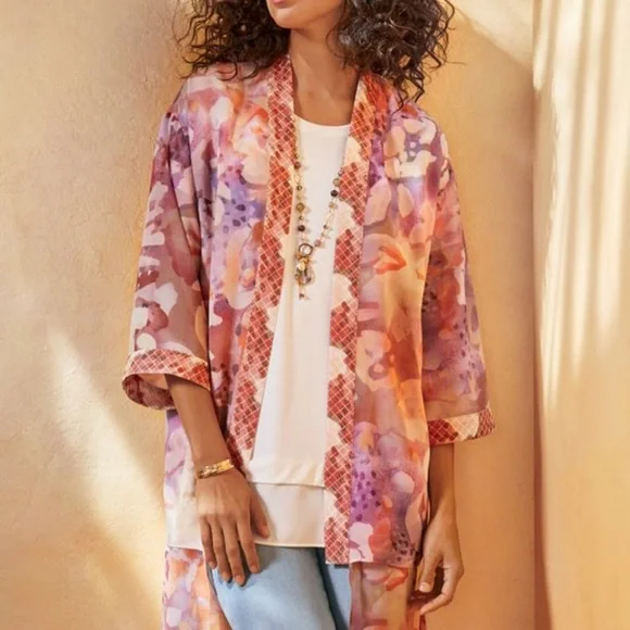 NWT Soft Surroundings Cool Cat Watercolor Kimono Size Small - Picture 1 of 12